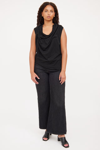 Helmut Lang Black Draped Short Sleeve Top