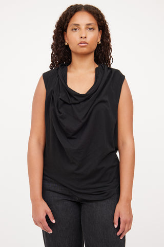 Helmut Lang Black Draped Short Sleeve Top