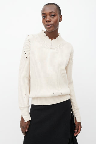 Helmut Lang Cream Distressed Wool Ribbed Sweater