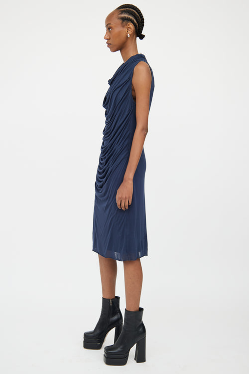 Helmut Lang Navy Sleeveless Ruched Dress