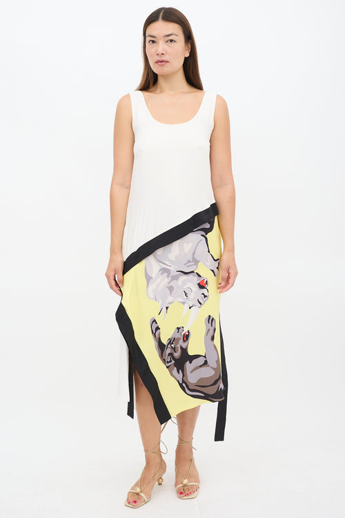 Helmut Lang White & Muticolour Silk Asymmetric Printed Panel Dress