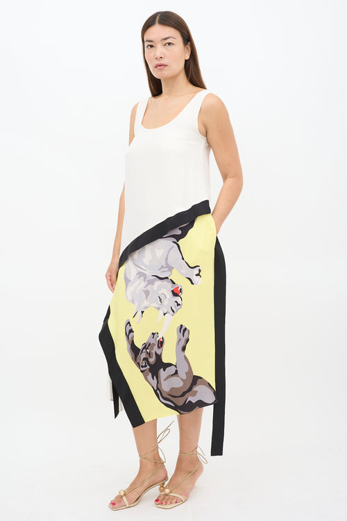 Helmut Lang White & Muticolour Silk Asymmetric Printed Panel Dress