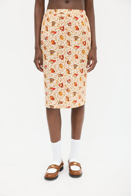 Hermès 1990s Orange & Multicolour Cotton Seashell Mosaic Printed Skirt