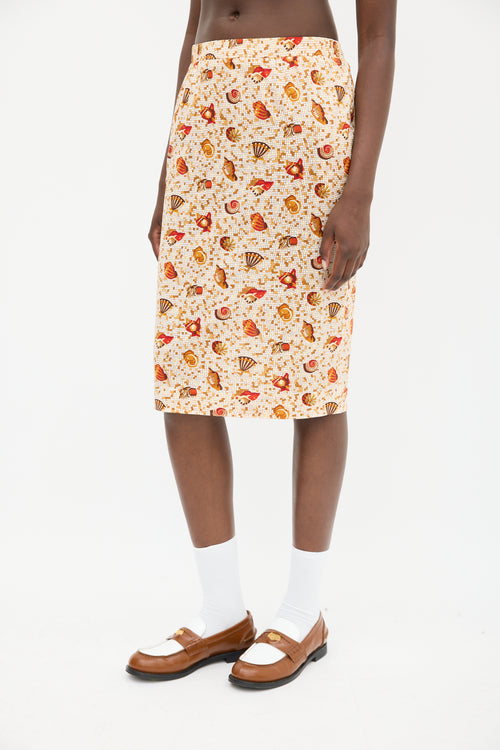 Hermès 1990s Orange & Multicolour Cotton Seashell Mosaic Printed Skirt