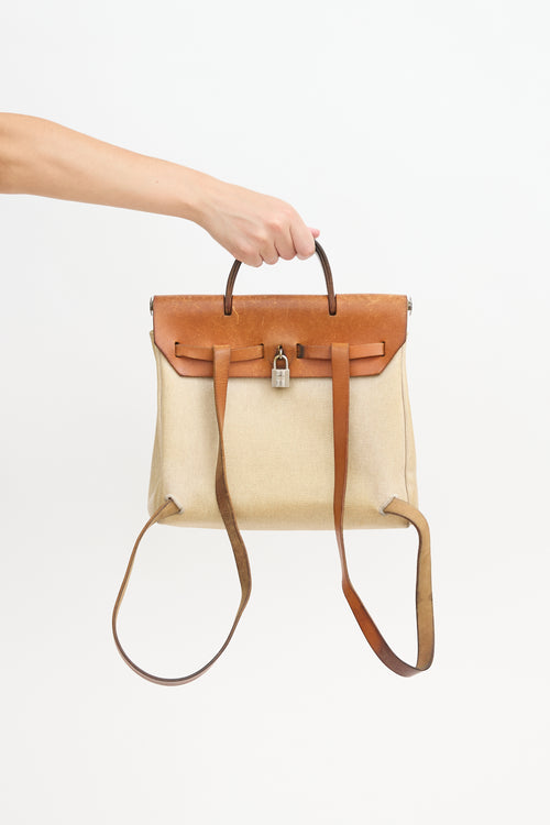 Hermès 1999 Écru Toile Canvas & Fauve Vache Hunter Leather HerBag Backpack