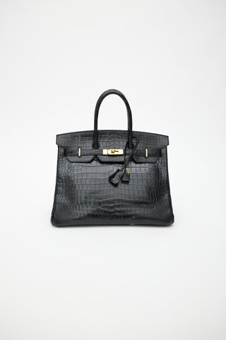 Hermès 2014 Noir Embossed Leather & Gold Birkin 35 Bag