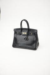 Hermès 2014 Noir Embossed Leather & Gold Birkin 35 Bag