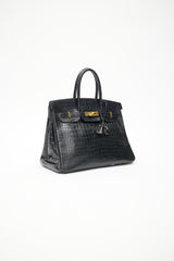 Hermès 2014 Noir Embossed Leather & Gold Birkin 35 Bag