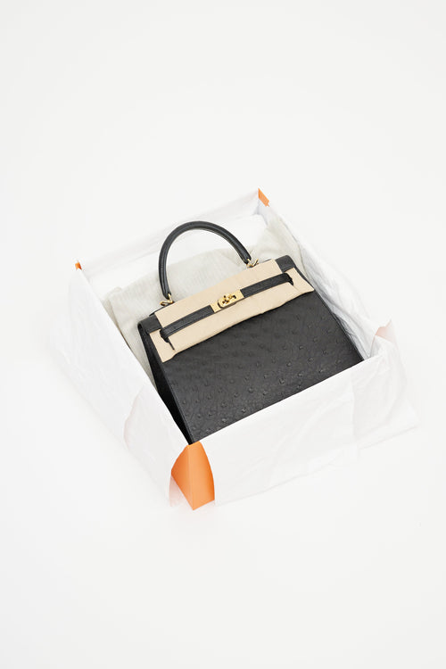 Hermès 2021 Noir Ostrich & Gold Kelly Sellier 25 Bag