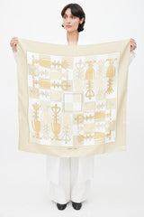 Hermès Gold & White Echecs II/ Echiquier 90 Scarf