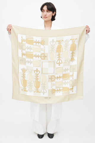 Hermès Gold & White Echecs II/ Echiquier 90 Scarf