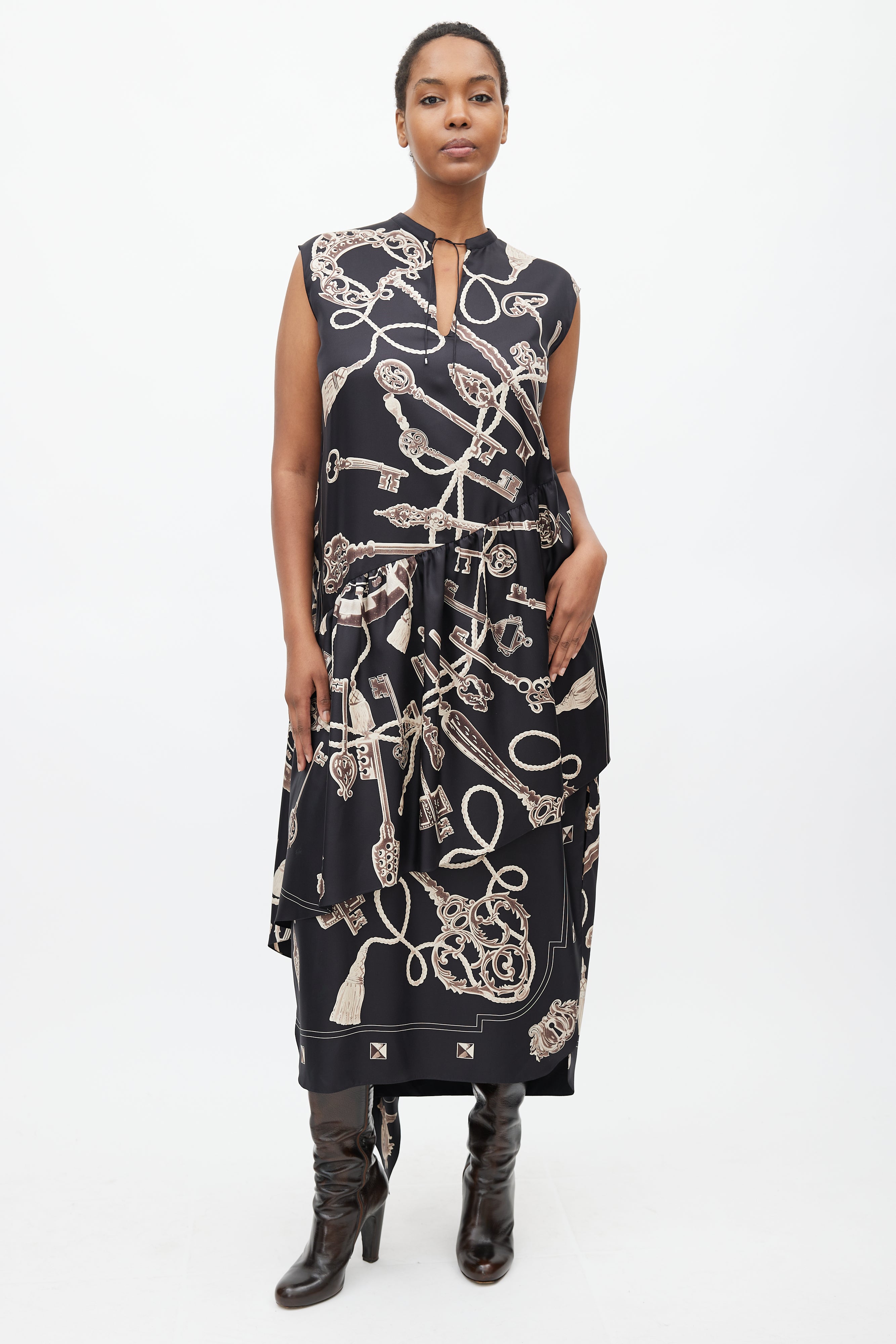 Hermès // Black & Brown Silk Les Cles Print Asymmetrical Dress – VSP