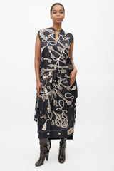 Hermès Black & Brown Silk Les Cles Print Asymmetrical Dress