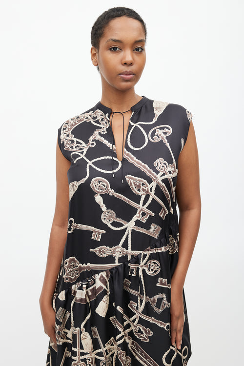 Hermès Black & Brown Silk Les Cles Print Asymmetrical Dress