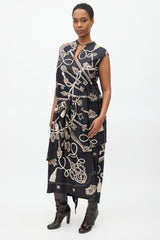 Hermès Black & Brown Silk Les Cles Print Asymmetrical Dress
