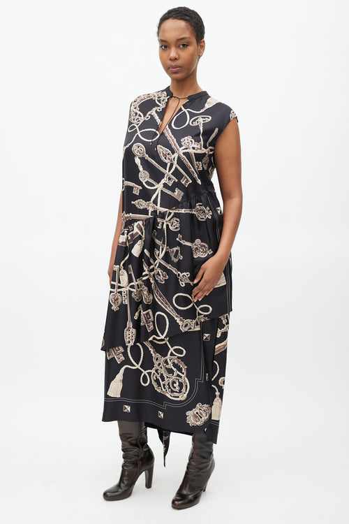 Hermès Black & Brown Silk Les Cles Print Asymmetrical Dress