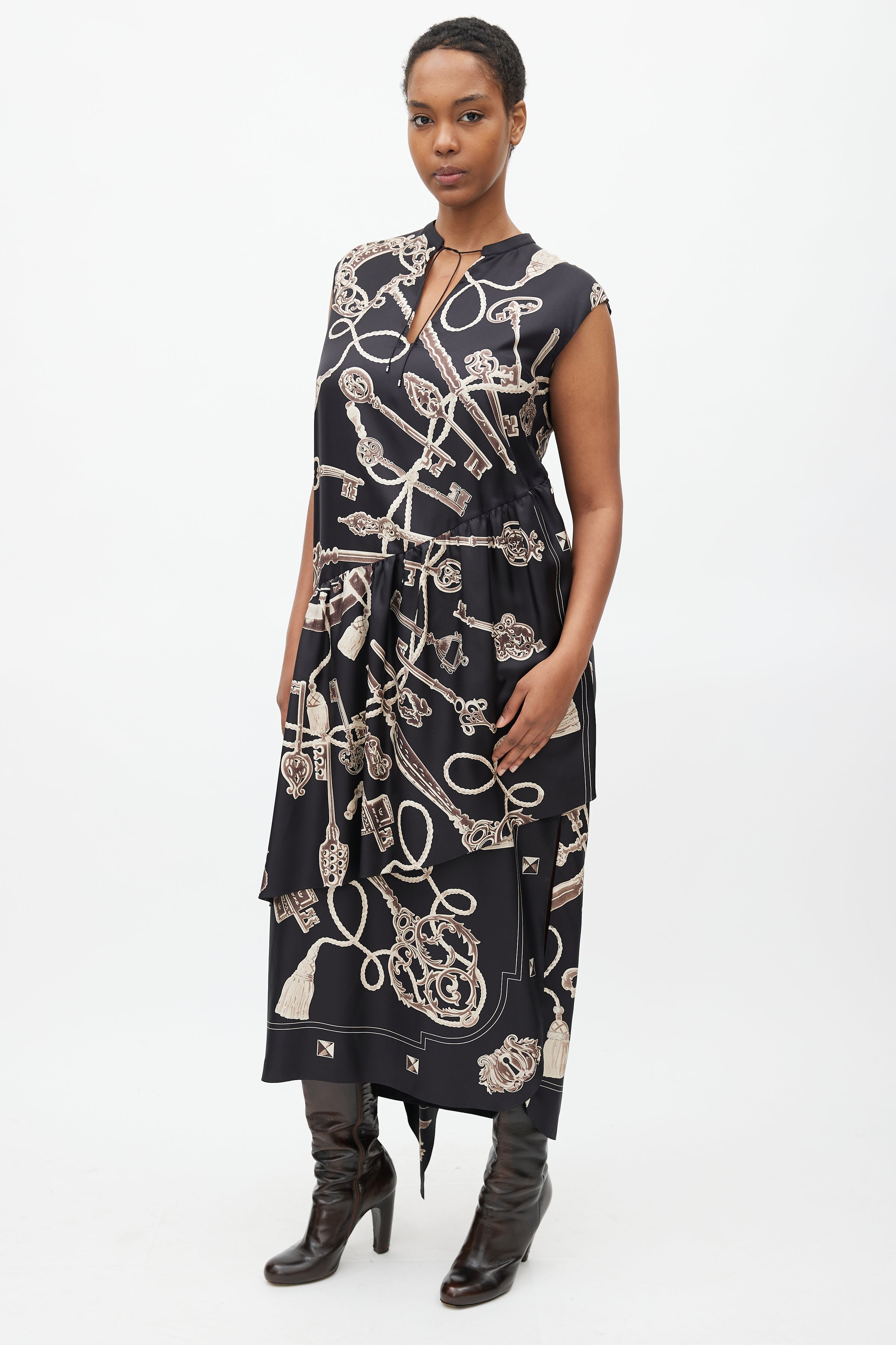 Herms // Black & Brown Silk Les Cles Print Asymmetrical Dress VSP Consignment Herms // Black & Brown Silk Les Cles Print Asymmetrical Dress VSP Consignment