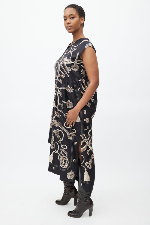 Hermès Black & Brown Silk Les Cles Print Asymmetrical Dress