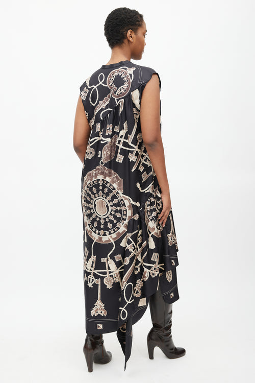 Hermès Black & Brown Silk Les Cles Print Asymmetrical Dress