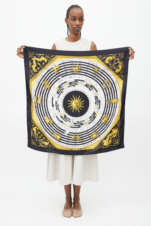 Hermès Black & Gold Silk Astrologie Print 90 Scarf