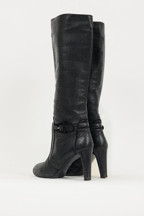 Hermès Black Leather Monogram Knee High Boot