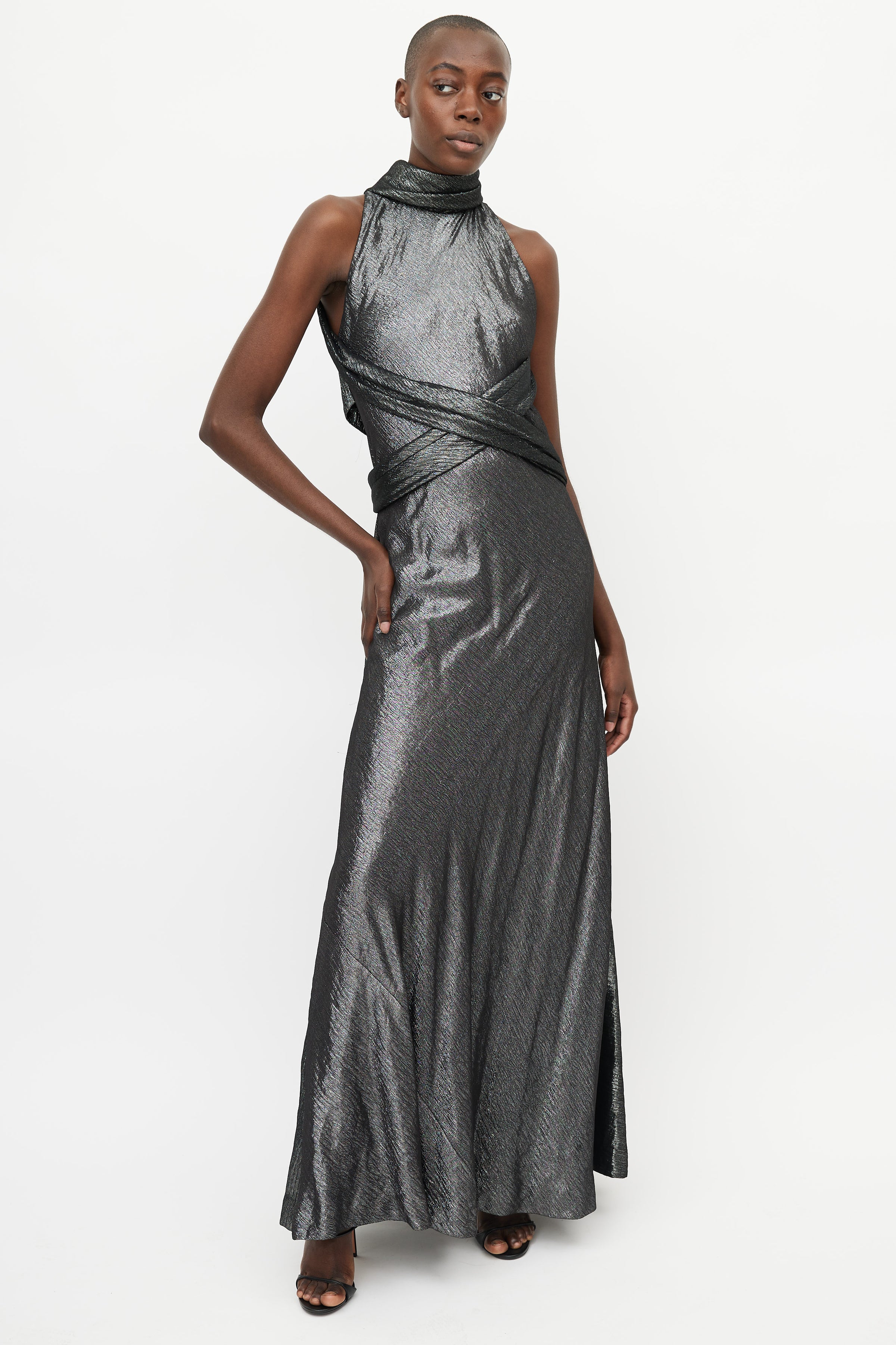 Herms // Black Metallic Criss Cross Halter Dress VSP Consignment Herms // Black Metallic Criss Cross Halter Dress VSP Consignment