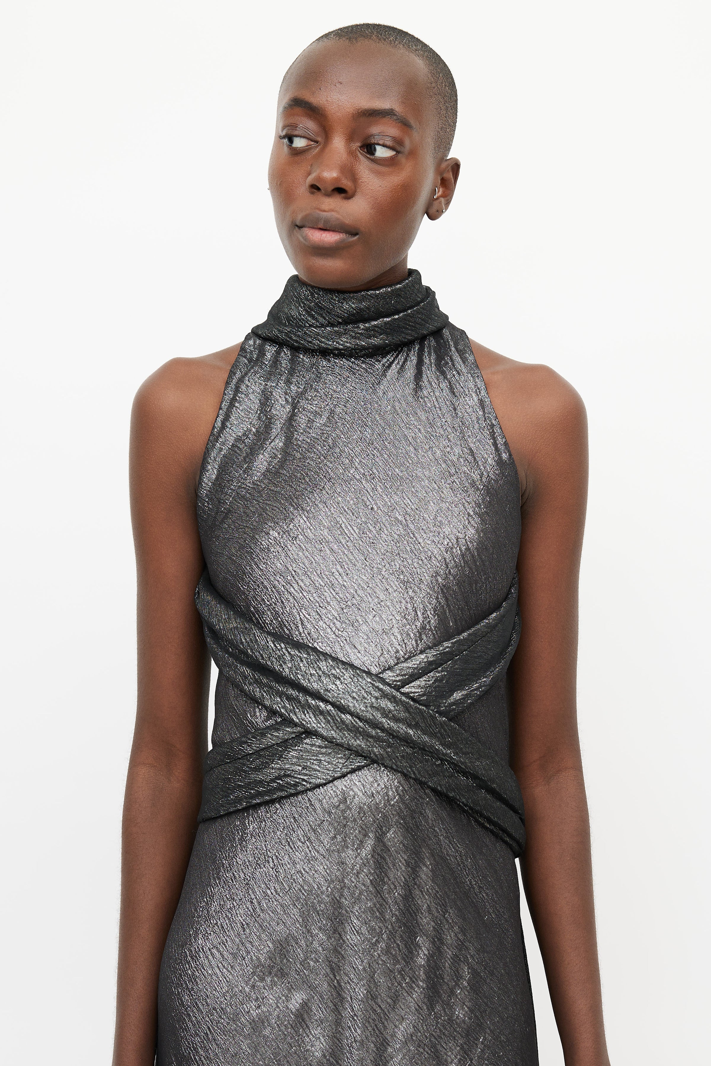 Herms // Black Metallic Criss Cross Halter Dress VSP Consignment Herms // Black Metallic Criss Cross Halter Dress VSP Consignment