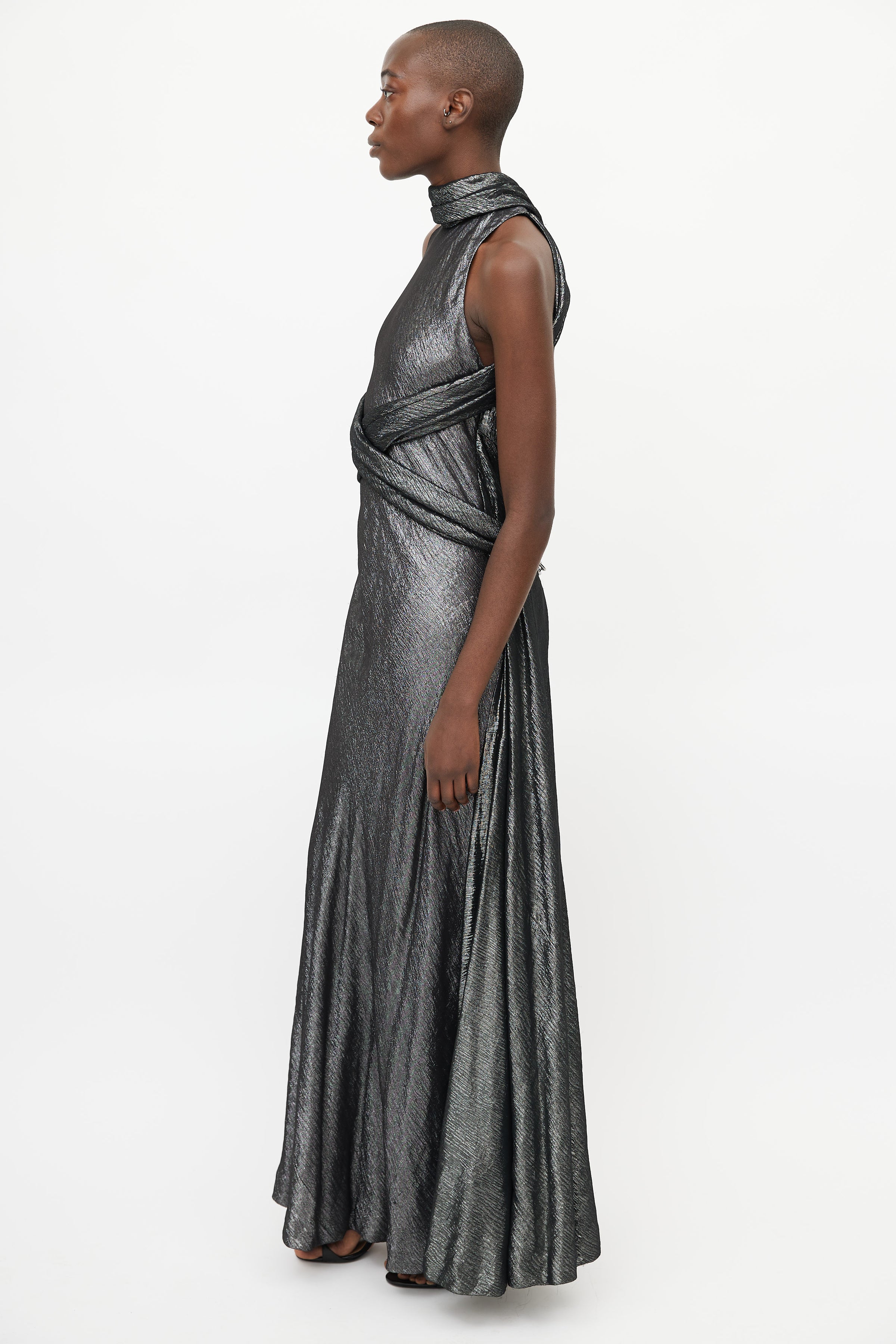Herms // Black Metallic Criss Cross Halter Dress VSP Consignment Herms // Black Metallic Criss Cross Halter Dress VSP Consignment