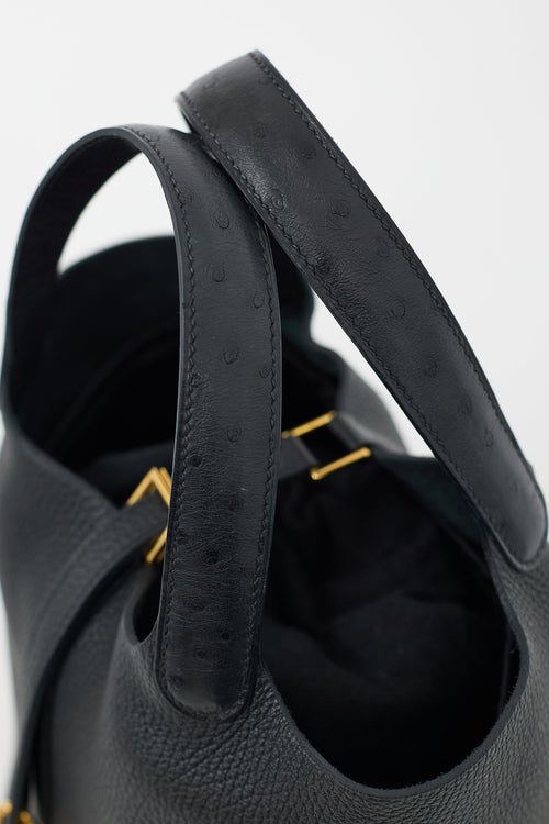 Hermès 2021 Noir Clemence & Autruche Handle Picotin 18 Lock Bag