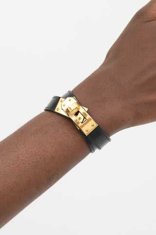 Hermès Black & Yellow Gold Leather Kelly Double Tour Bracelet