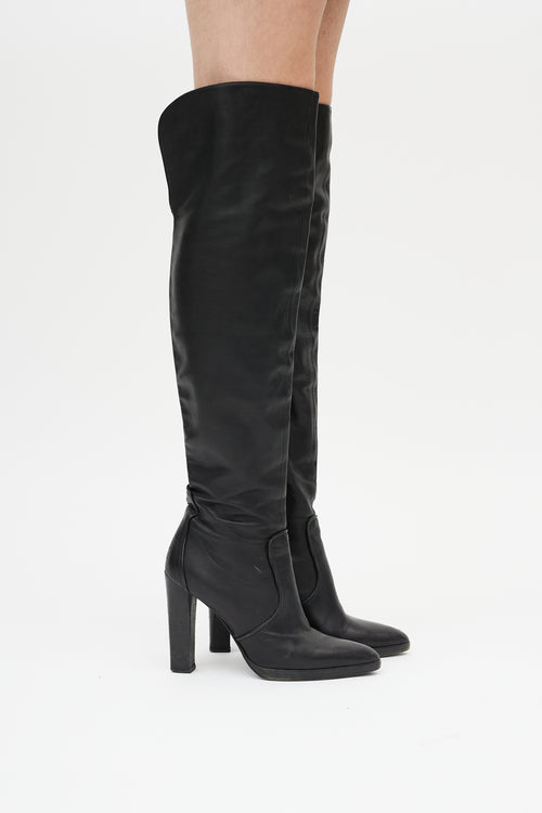 Hermès Black Leather Heeled Knee High Boot