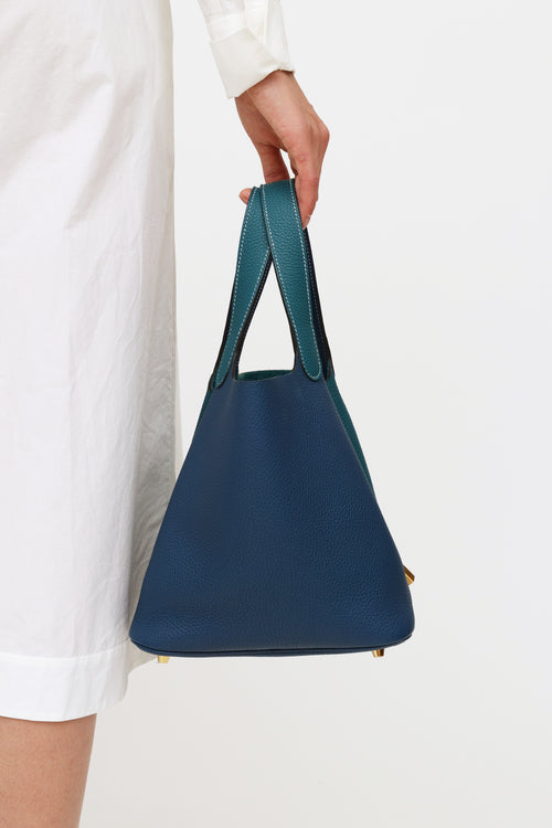 Hermes Deep Blue & Vert Bosphore Clemence Leather Picotin Bag