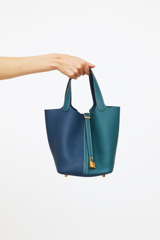 Hermes Deep Blue & Vert Bosphore Clemence Leather Picotin Bag