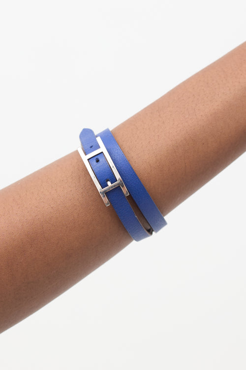 Hermès Blue & Taupe Leather Behapi Double Tour Reversible Bracelet