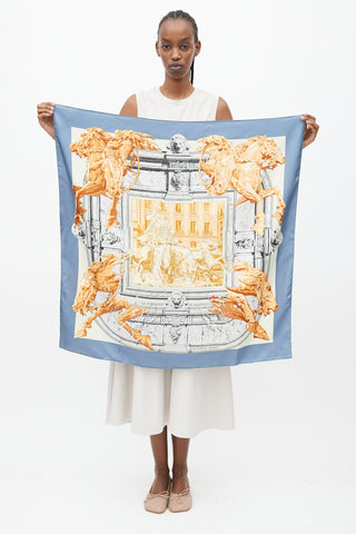 Hermès Blue & Multi Silk La Fontaine de Bartholdi Print 90 Scarf