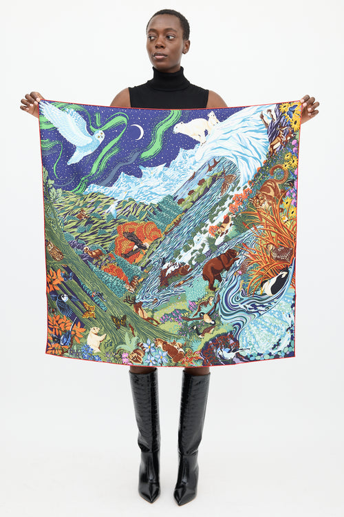 Hermès Blue & Multicolour Silk Into the Canadian Wild 90 Scarf