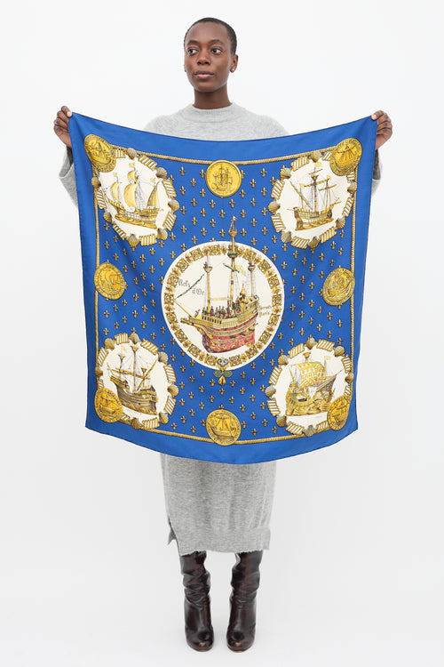 Hermès Blue & Multi Silk Nefs D'Or 90 Scarf