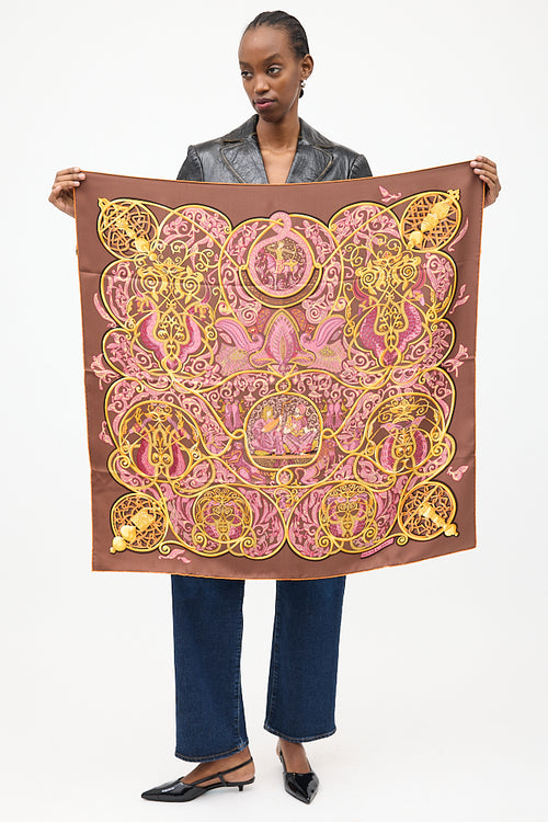 Hermès Brown & Multi Silk La Charmante aux Animaux 90 Scarf