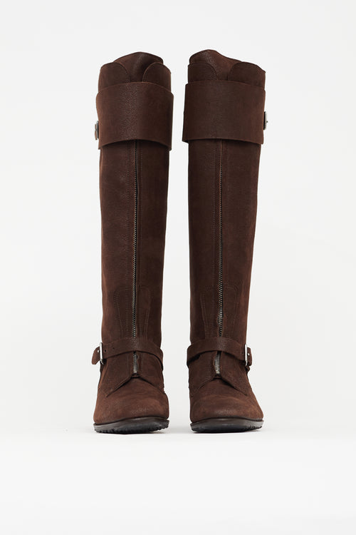 Hermès Dark Brown Suede Front Zip Riding Boot