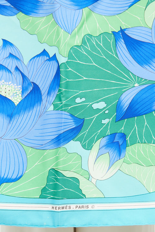 Hermes Turquoise Fleurs De Lotus Silk Twill Scarf