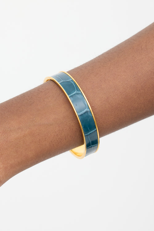 Hermès Gold & Blue Exotic Leather Kawaii Bangle Bracelet