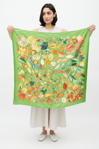 Hermès Green & Multicolour Silk Tourbillons Leaves Scarf