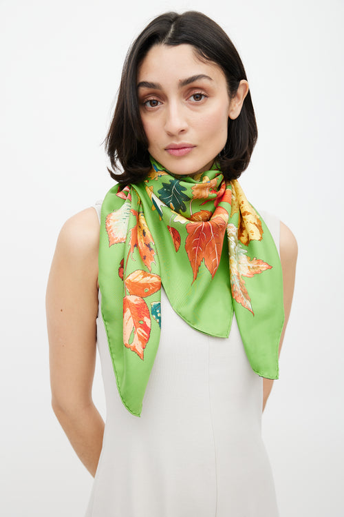 Hermès Green & Multicolour Silk Tourbillons Leaves Scarf
