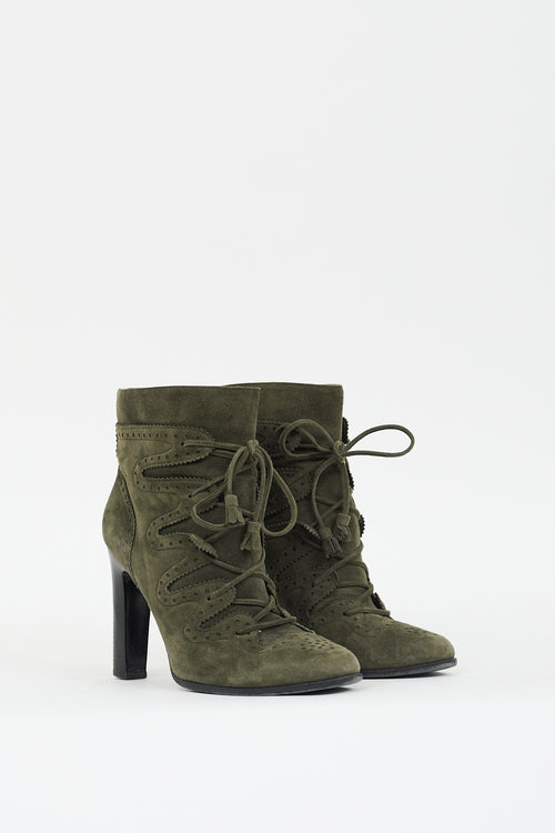 Hermès Green Suede Brogue Lace Up Boot