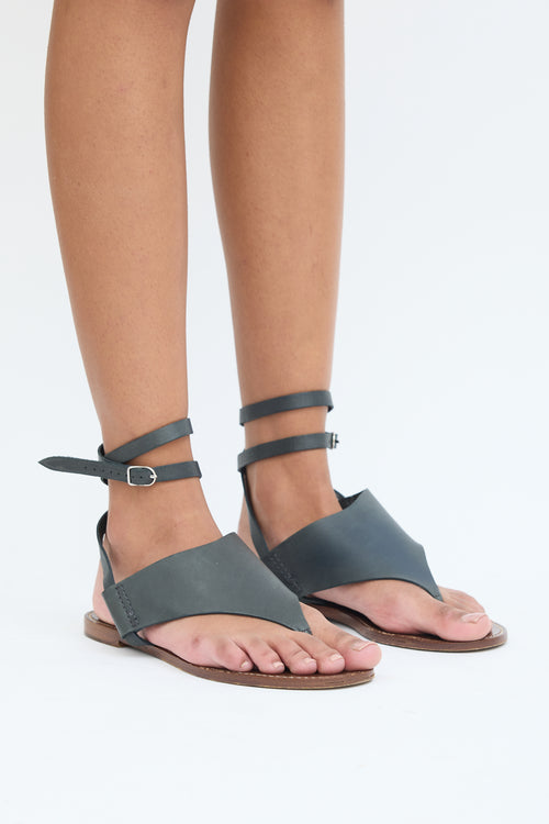 Hermès Grey & Brown Leather T-Strap Sandal