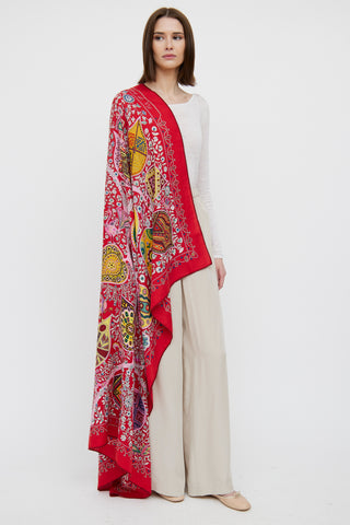 Hermès Red L'arbre De Vie Cashmere Blend Scarf