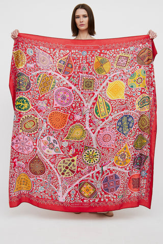 Hermès Red L'arbre De Vie Cashmere Blend Scarf