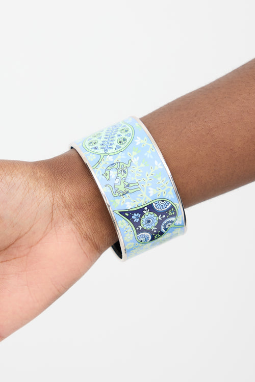 Hermès Light Blue & Green Enamel Floral Extra Wide Bangle Bracelet