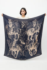 Hermès Navy & Beige Cashmere & Silk Pirouette Au Galop 140 Scarf