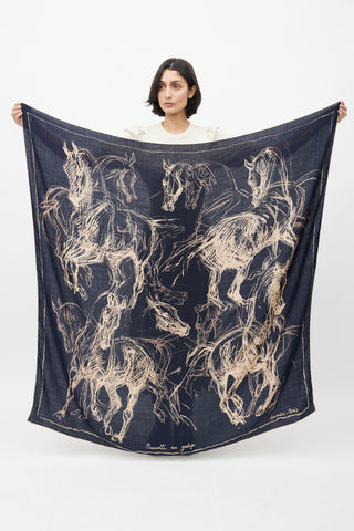 Hermès Navy & Beige Cashmere & Silk Pirouette Au Galop 140 Scarf